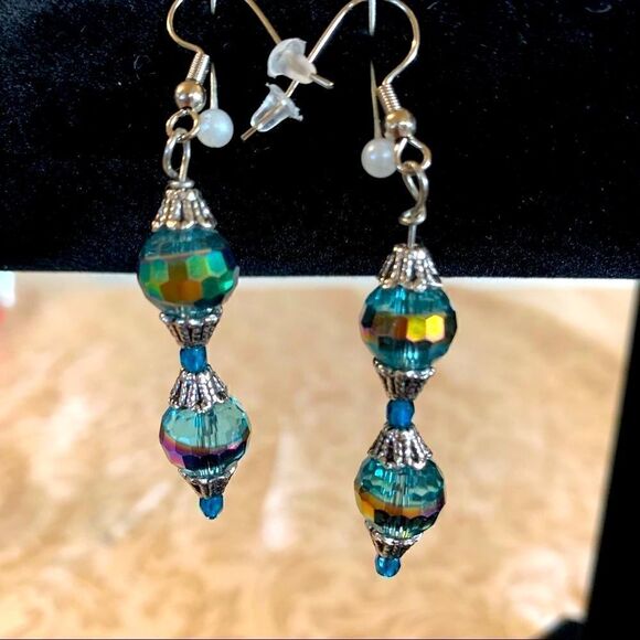 Aurora Borealis Drop Dangle Crystal Earrings 2” - Picture 3 of 4